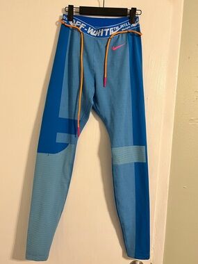 Off-White Blue Athletic Leggings with Orange Drawcord and Pink Swoosh
